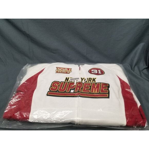 Supreme Football Zip Up Hooded Sweatshirt (FW25) White Red Size Large BRAND NEW - Picture 1 of 3